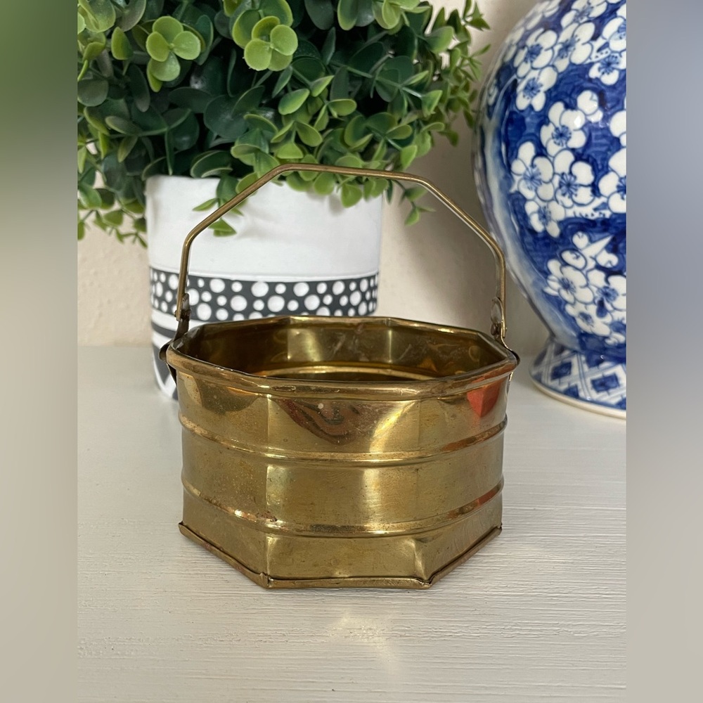 Vintage antique octagonal Brass Pail Bucket planter midcentury